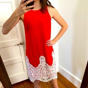Cremieux Red-Orange and Lace Shift dress sz SMALL